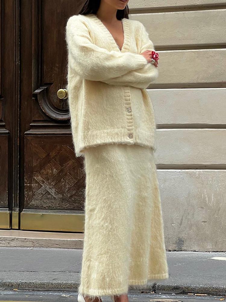 

Женский бежевый вязаный кардиган с V-образным вырезом и длинная юбка, элегантный повседневный наряд L