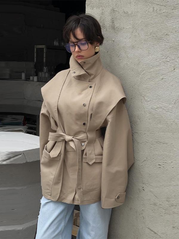 In Stock - New Elegant Khaki Autumn Trench Coat with Stand-Up Collar & Belted Waist