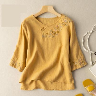 Damen Frühling und Sommer Übergröße Locker Stickerei Stickerei Blume Siebenarm Locker Kurzarm