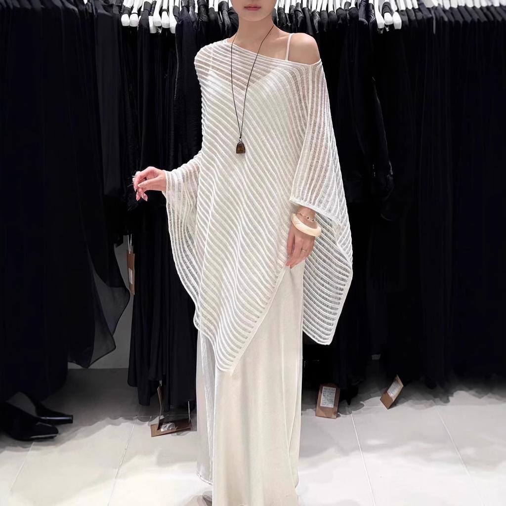 Літня нова однотонна блуза з захистом від сонця на шию, жіночна, універсальна, ажурний в'язаний светр, рукав-летюча миша, шаль-накидка, топ