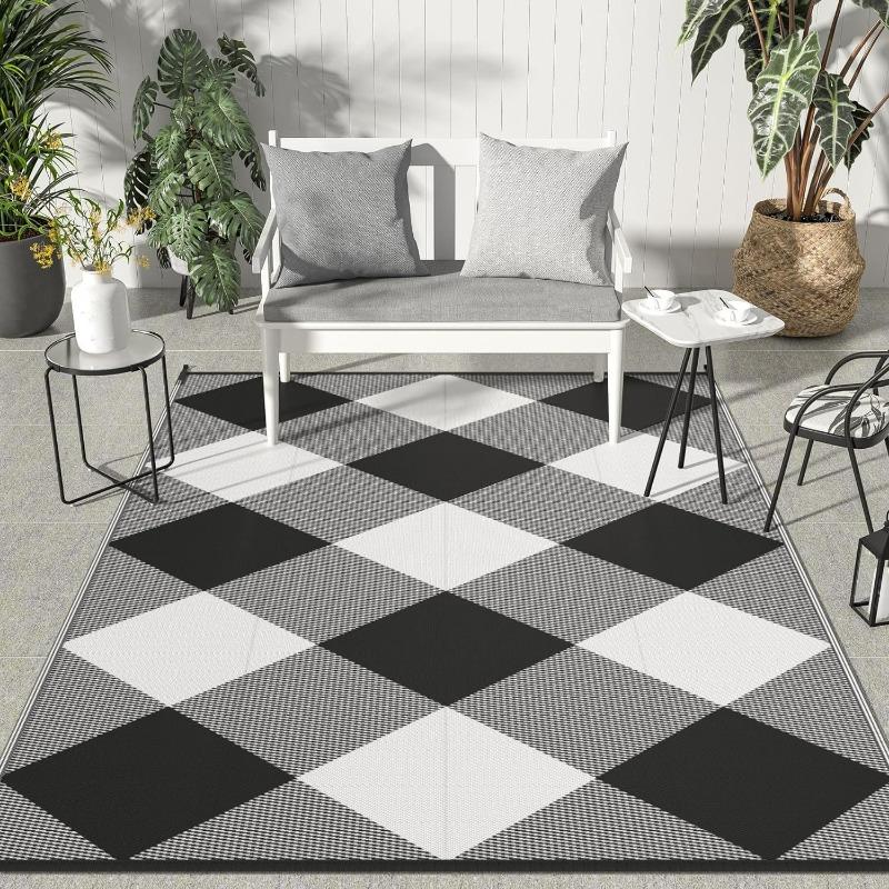 Tappeto da esterno a quadri retrò Tappetino geometrico per casa, soggiorno, balcone, dimensioni grandi, tappeti decorativi da campeggio, picnic, lavabili