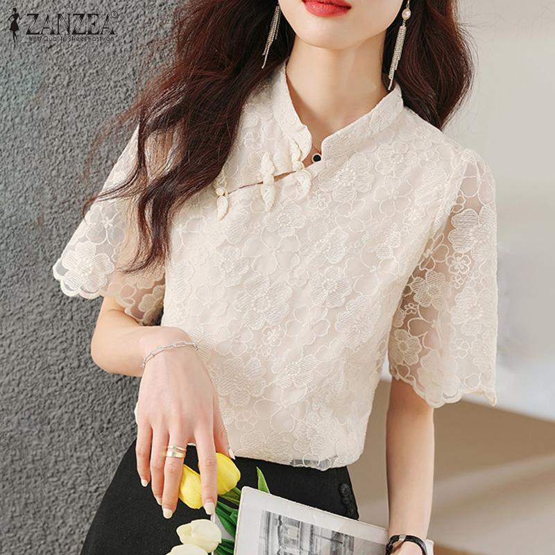 

ZANZEA Летняя повседневная кружевная блузка с воротником-стойкой и короткими рукавами
