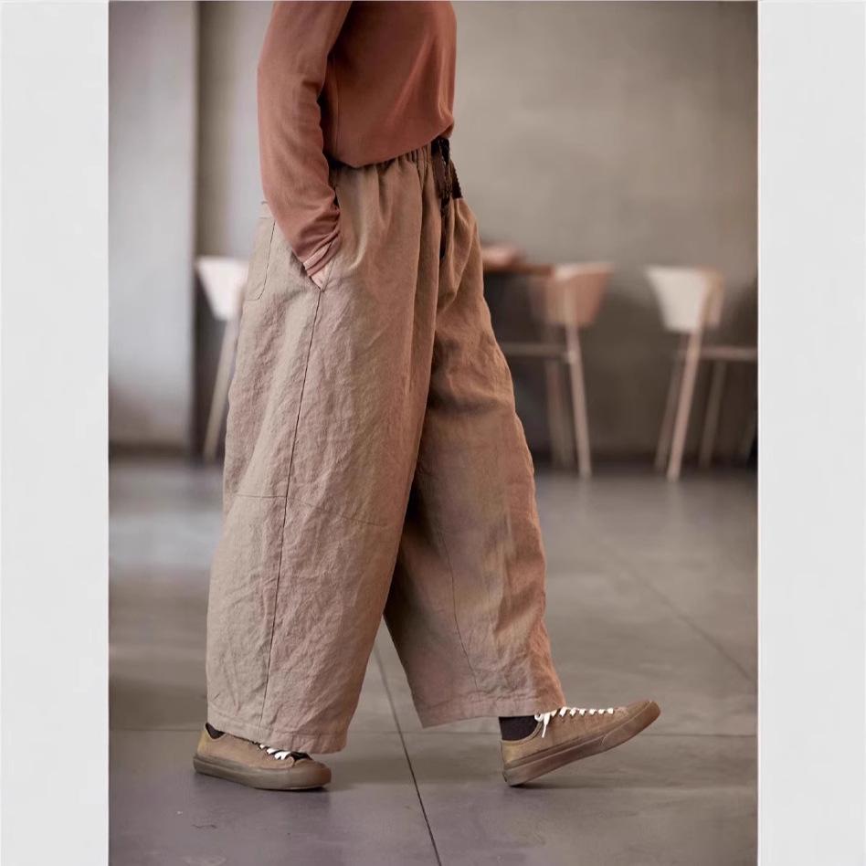 Winter Artistic Retro Cotton Pants in Sha Cha Gray - Women s Elastic Waist, Loose Fit, Padded for Warmth, Casual Style Large