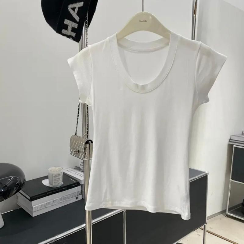 Letní bílé slim fit tričko s krátkým rukávem pro volný čas Dámské slim U-výstřih Kancelářská dáma Tričko Topy Elegantní Jednobarevné Jednoduchá trička Dámské oblečení 24226