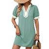 Dames Korte Mouw V-hals Mini Jurk met Versiering Losse Pasvorm Casual Tuniek Zachte Stof Pofmouw Ontwerp