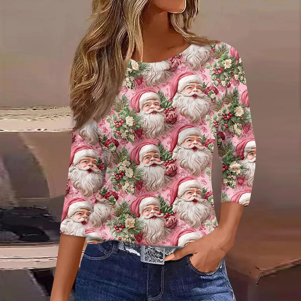 Women's Fashionable Casual Three Quarter Sleeve Christmas Printed Round Neck Top