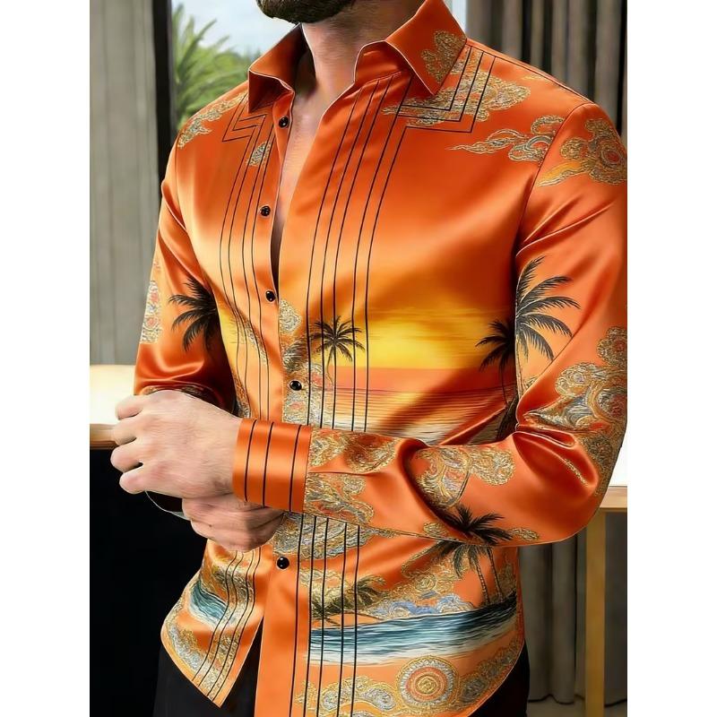 New Crown Lion Baroque Floral 3D Printed Long Sleeved Shirt with a Smooth Drape and Satin Lapel for Men