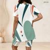Women Plus Size Two Piece Set Wine Cup Leaf Geometric Print Round Neck Short Sleeve Split Top Knee Length Pants