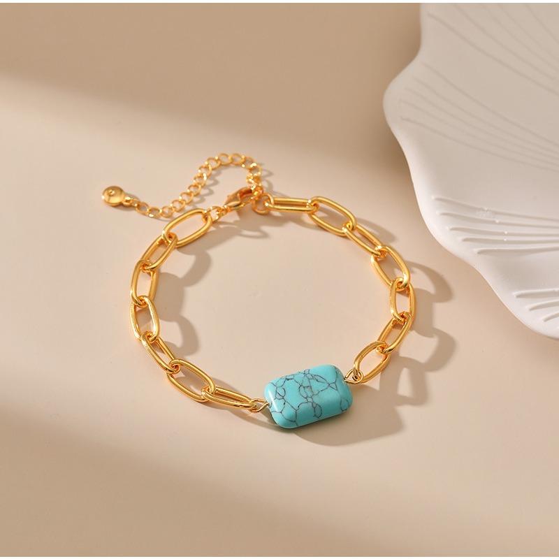 K Gold Plated Brass Square Turquoise Hollow Thick Chain Adjustable Trendy Bracelet For Women