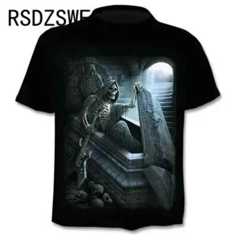 Round Neck 3D Skull Printed Top Fashionable Casual Short Sleeved Men's T-shirts - Soft Medium Stretch Polyester Fabric Summer Relaxed Fit Clothing