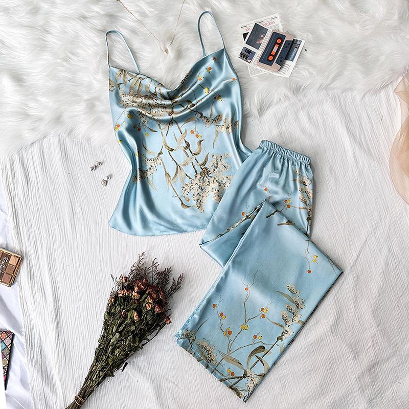 

Європейський та американський піжамний комплект Ice Silk з вишневим принтом: Сексуальний літній трикотаж великого розміру з підтяжками та брюками. L