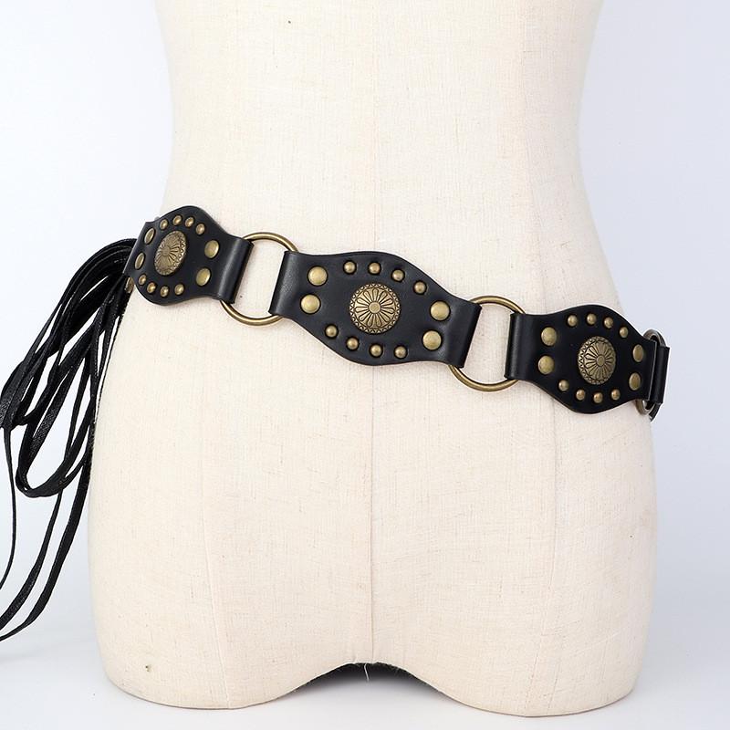 Womens Leather Pu Belt With Vintage Buckle And Fringe Design For Street Style