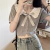 Doll Collar Hollowed-out Short-sleeved Knitted Cardigan for Women Sweet Scalloped Turnover Collar Short College-style Elegant Top In Summer