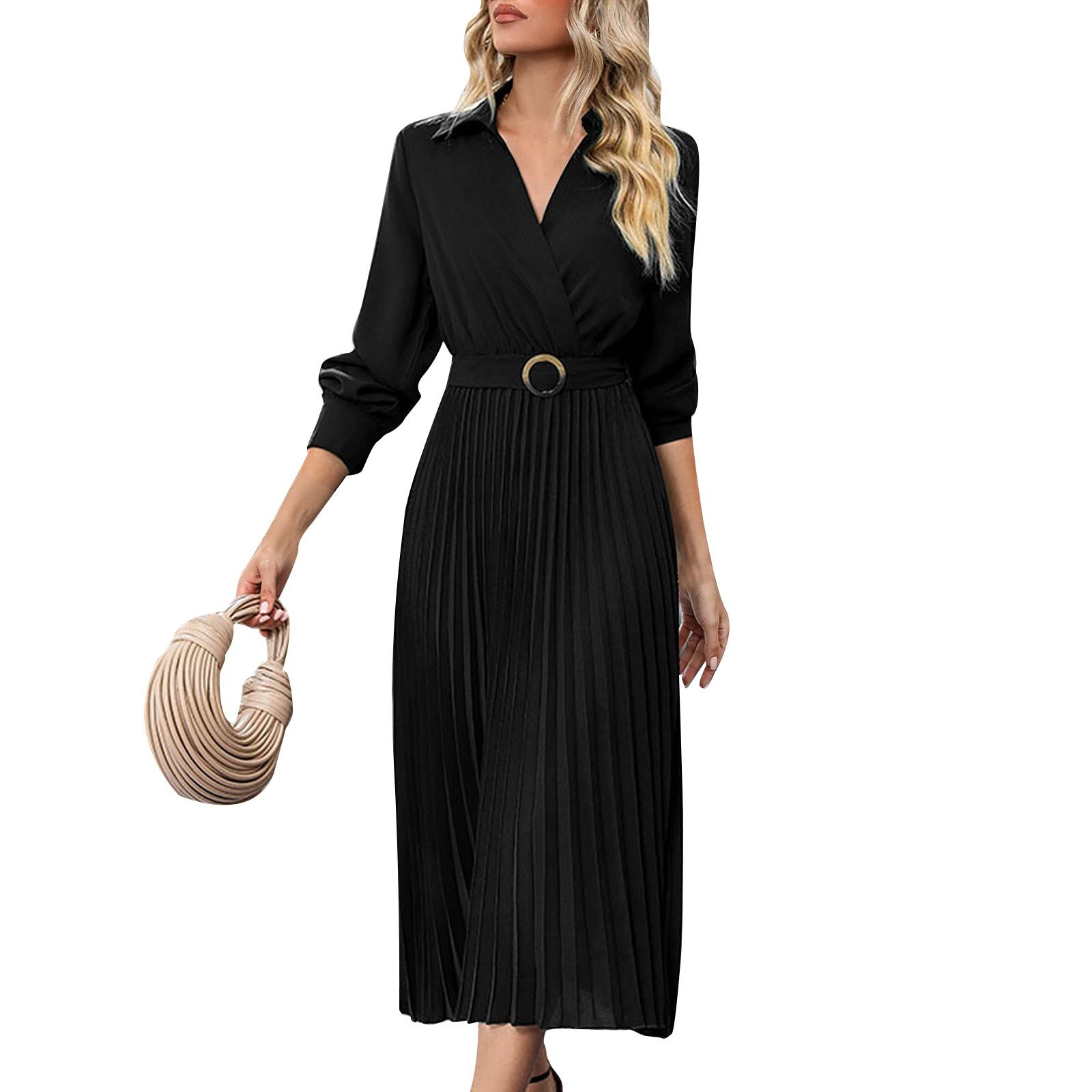 

Women s Dresses Solid Color V-Neck Casual Temperament Long Sleeve Belt Lapel Pleated Skirt Dresses M чёрный