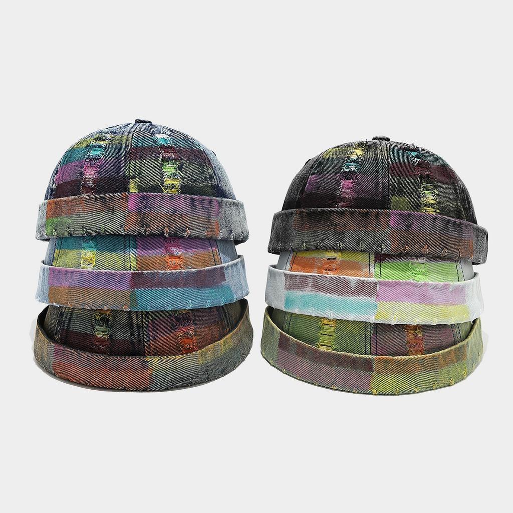 Denim Docker-Kappe ohne Schirm Riss-Stil Loch Schirmlose Kappen Verstellbar Bunte Linien Hüte Unisex Erwachsene Retro Hip Hop Straße