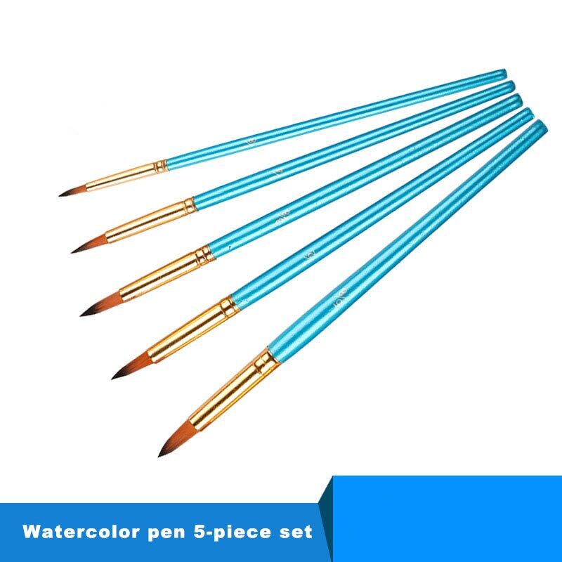 JOWOART 5 Pcs Set Watercolor Brush Pen Nib Round Head Blue Short Wood Nylon Hair Gouache Paint Brush Set Art Supplies for Painting
