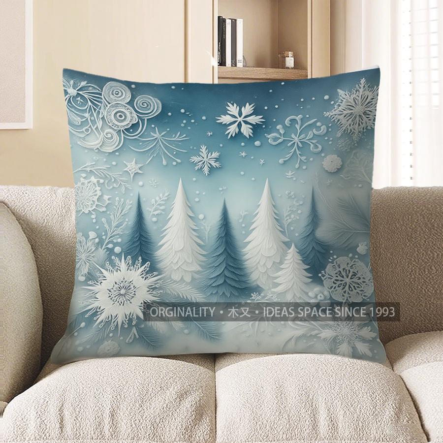Home Decor Frosty Winter Snowflake And Pine Tree Pillow Pattern Cushion Cover Suitable For Sofa Bedroom Car Pillow Cover 40x40cm