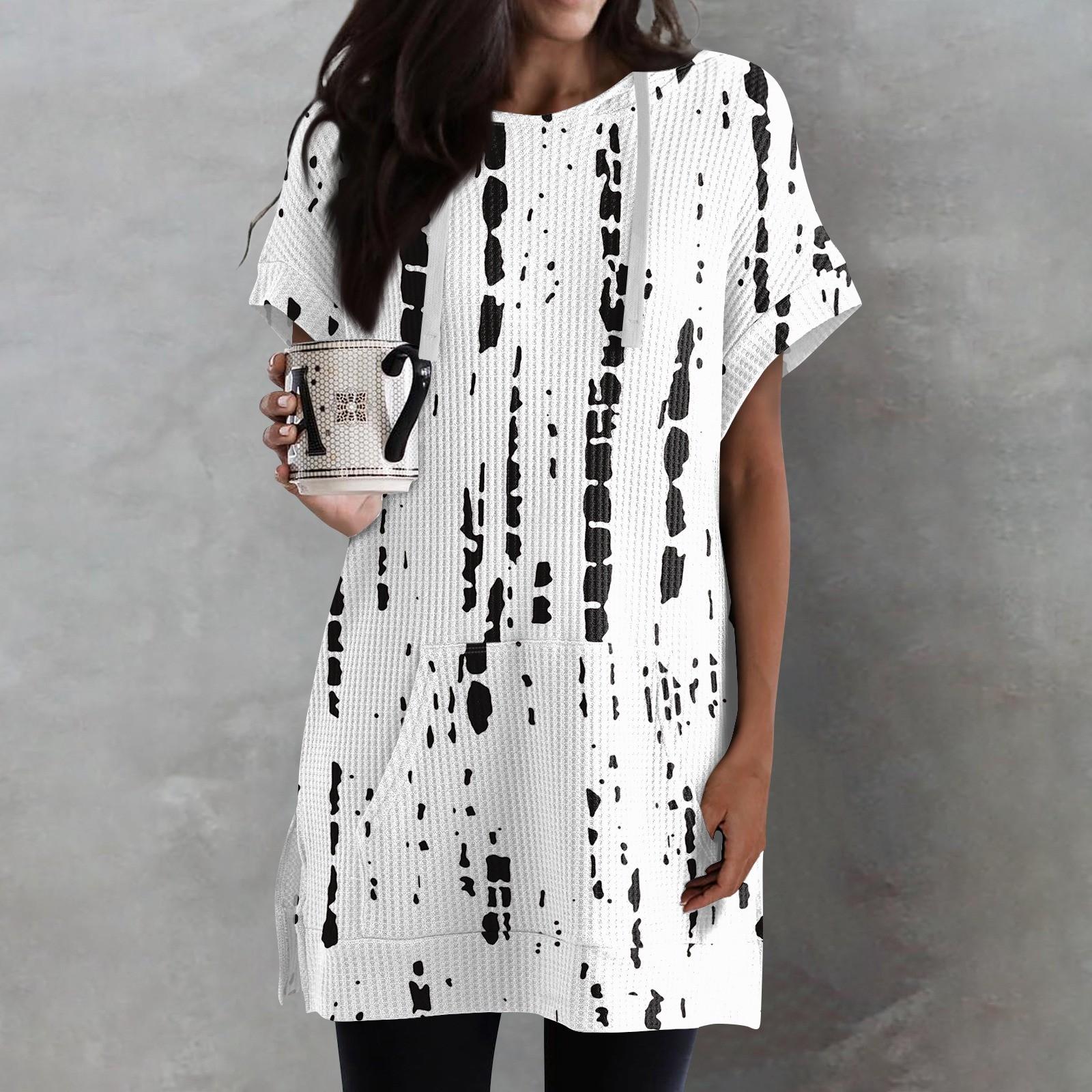 

Женские свободные рубашки с принтом, толстовки с короткими рукавами и шнурком, вязаная туника с боковыми разрезами, топы с капюшоном и карманом L