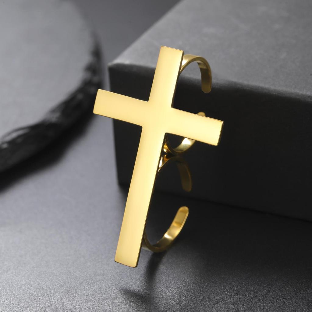 Jeshayuan Two Finger Cross Ring For Men Vintage Big Cross Open Ring Trendy Gothic Gold Silver Color Finger Christian Rings