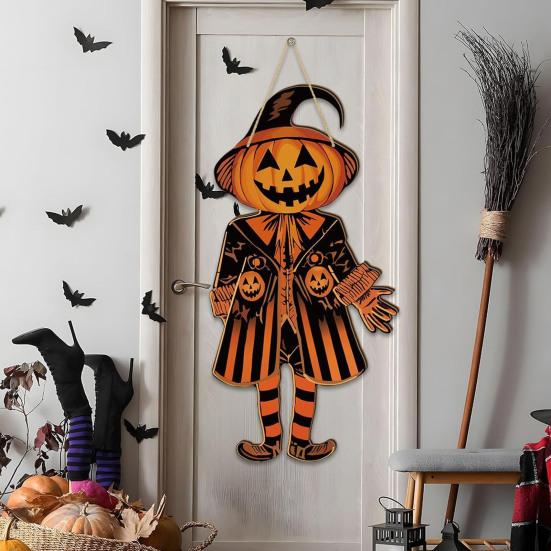 Vintage Halloween Pumpkin Door Sign Spooky Felt Pumpkin Man Hanging Welcome Sign Retro Wall Door Hanger for Farmhouse Home Decor