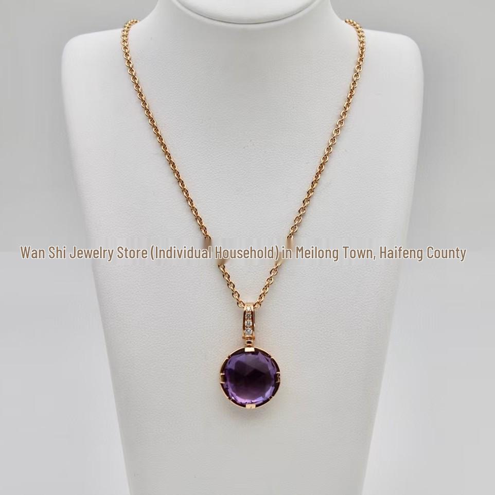 18K Rose Gold Amethyst Round Disc Necklace with Natural Diamond Pendant Clavicle Chain розового золота