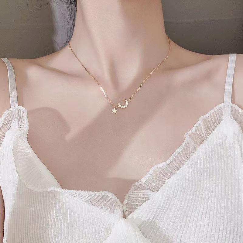 Y2K Shiny Star Necklace for Women Silver Color Crystal Pendant Clavicle Chain Necklace Set Fashion New Trendy Party