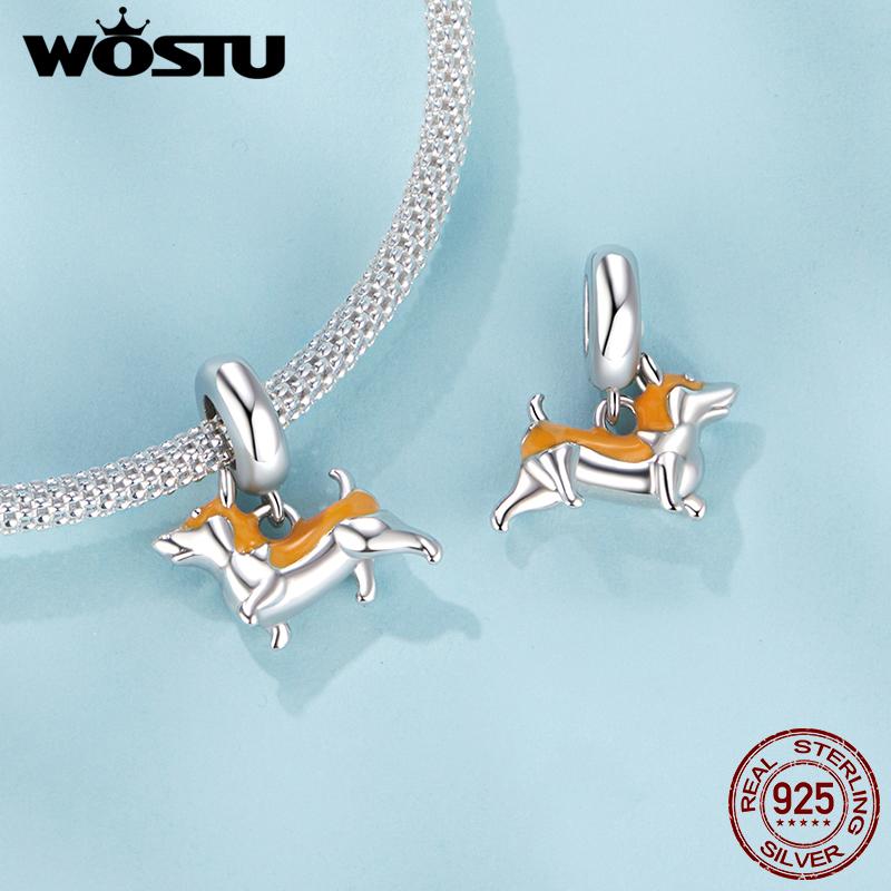 WOSTU 925 Sterling Silver Dog Charms Yellow Corgi Pendant Pink Pet Paw Dachshunds Shih Tzu Dog Dalmatian Bead Fit DIY Bracelet2