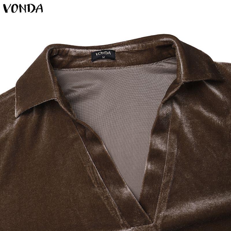 VONDA Autumn Spring Womens Velvet Two Piece Sets V Neck Long Sleeve Tops Wide Leg Pants Tracksuit Outfits