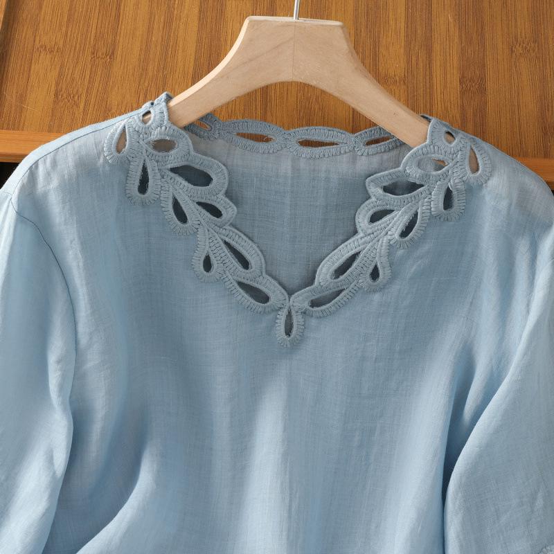 Stylish Blue Ramie Top: Unique & Loose Fit, Pretty Short-Sleeved Shirt for Women, Summer 2025