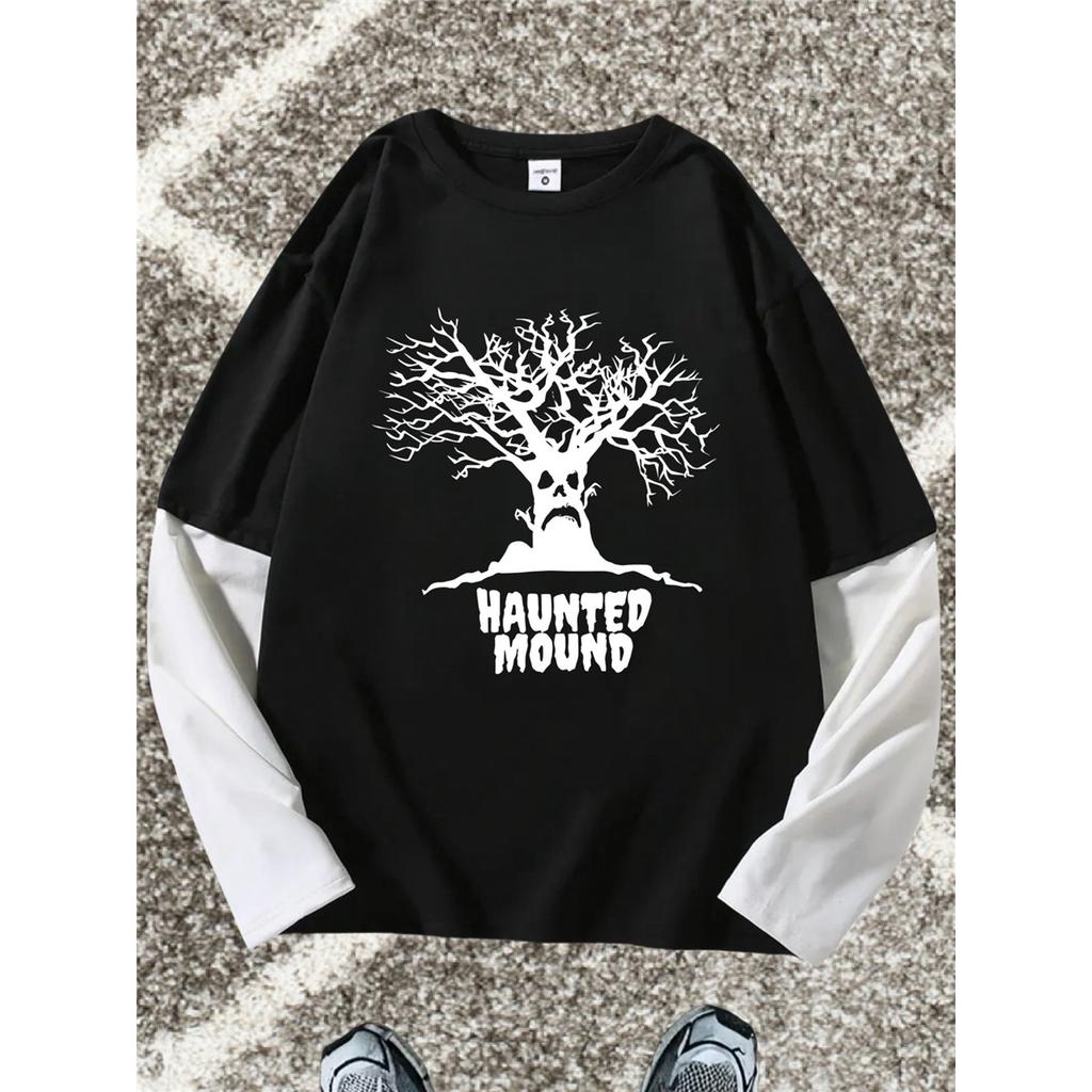 Print Pattern Loose Look Long Sleeve T-Shirt, Fashionable, Comfortable, and Versatile 2-in-1 Look Long Sleeve Top, Suitable for Various Occasions