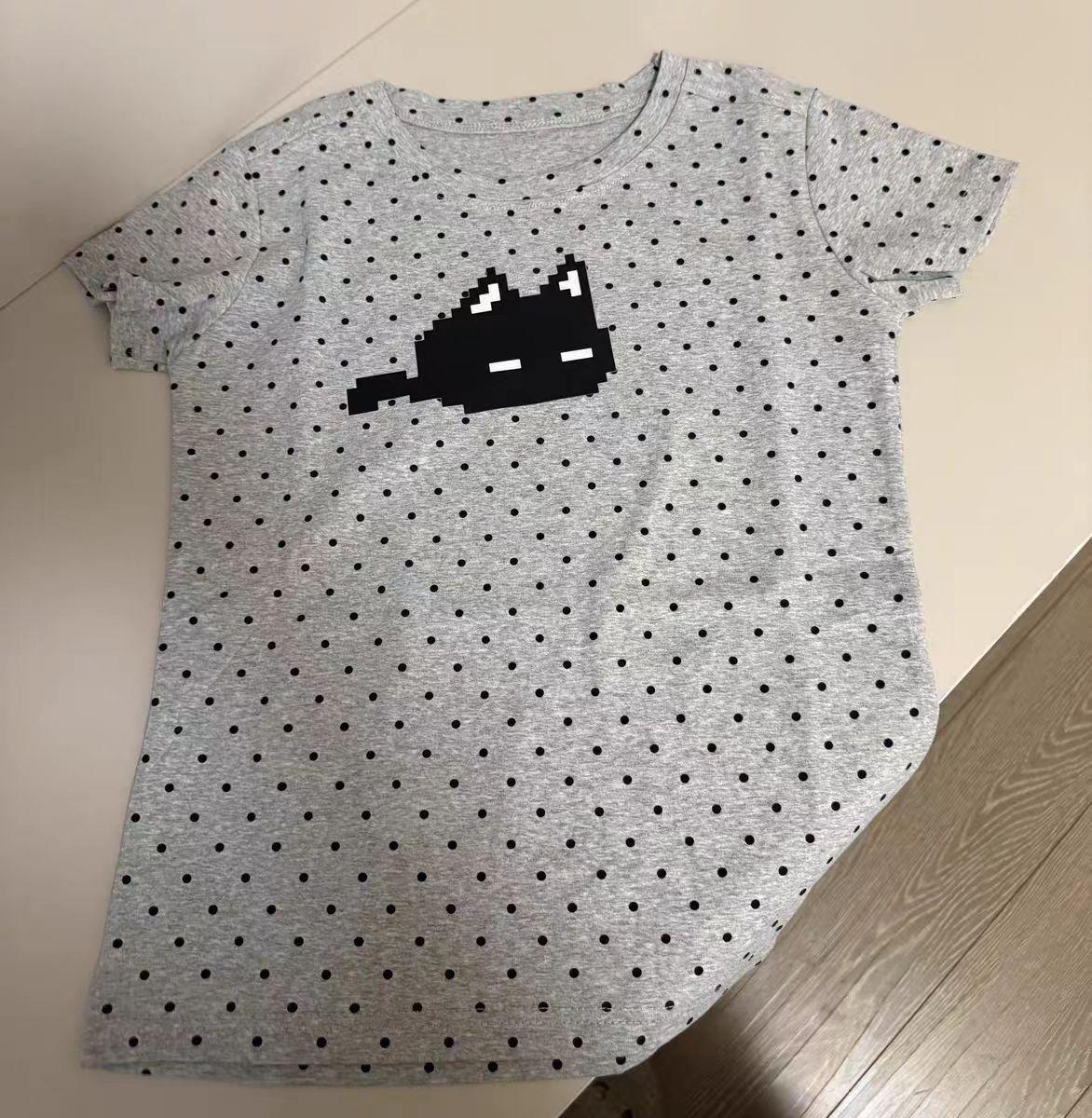 

Cat polka dot front shoulder short-sleeved t-shirt female cute sweet style versatile slim-fitting hot girl niche student top S [recommended within 50kg ] серый