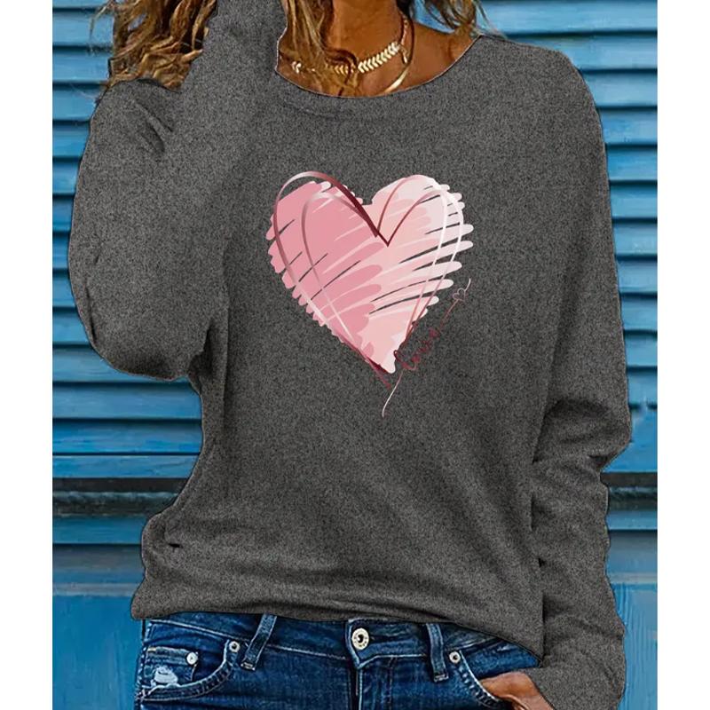 

2025 Autumn & Winter Women s New Casual Crew Neck Long Sleeve Top 3D Love Pattern XS серый