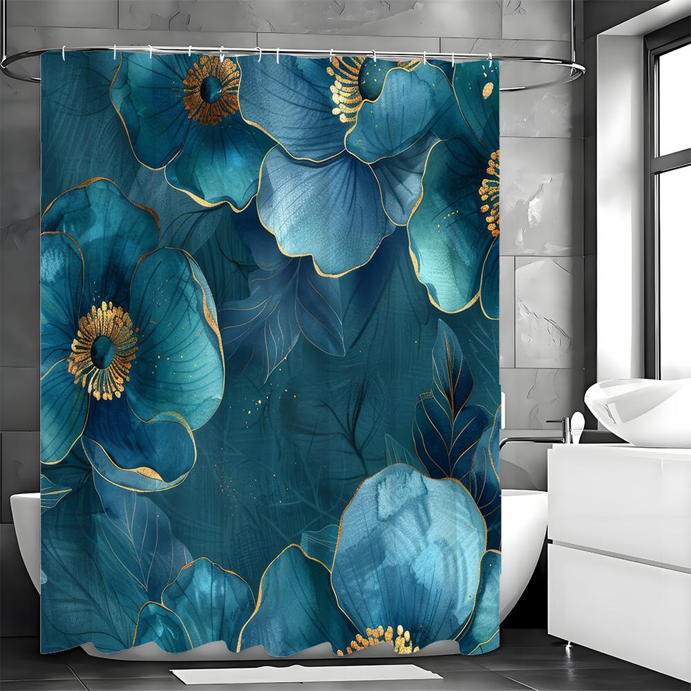 Blue Floral Plant Shower Curtain, Bathroom Decorative Shower Curtain, Waterproof Shower Curtain with Hooks