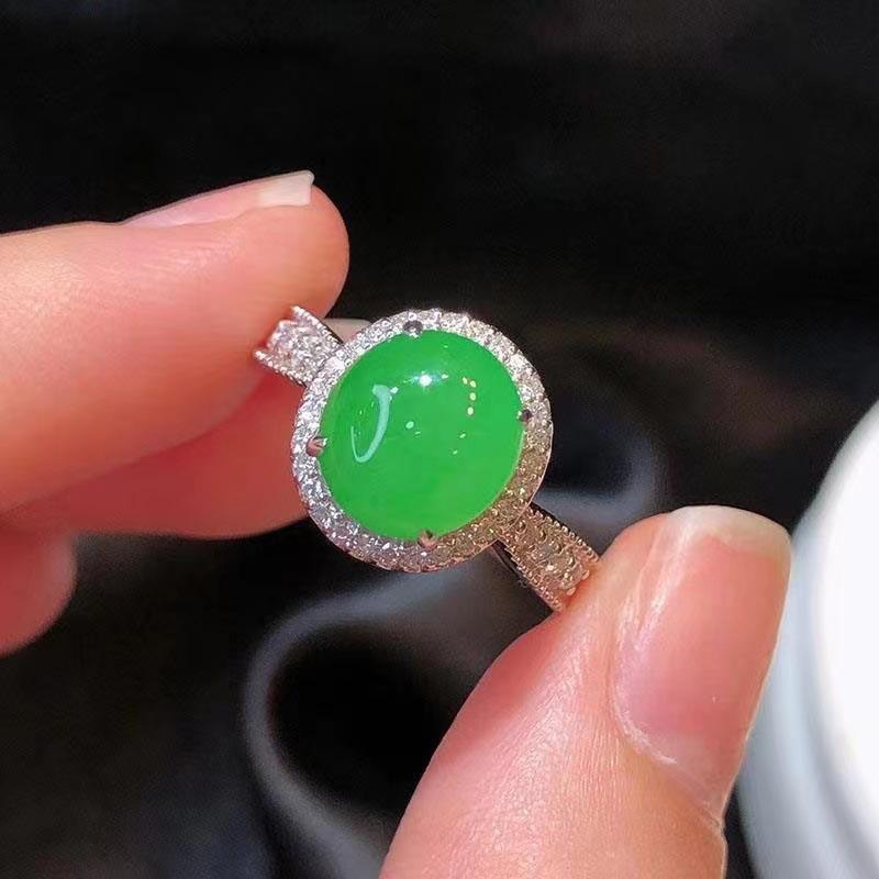 Classic Silver 925 Diamond Natural Jade Chalcedony Green Rings for Women Vintage Charm Round Ring Creative Jewelry Gift