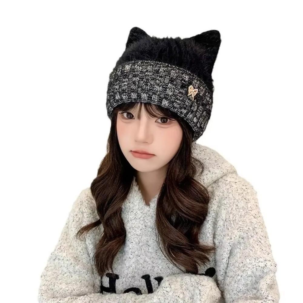 Plush Lining Knitted Hat Windproof Beanie Cap Cute Ear Protection Cap Autumn Winter
