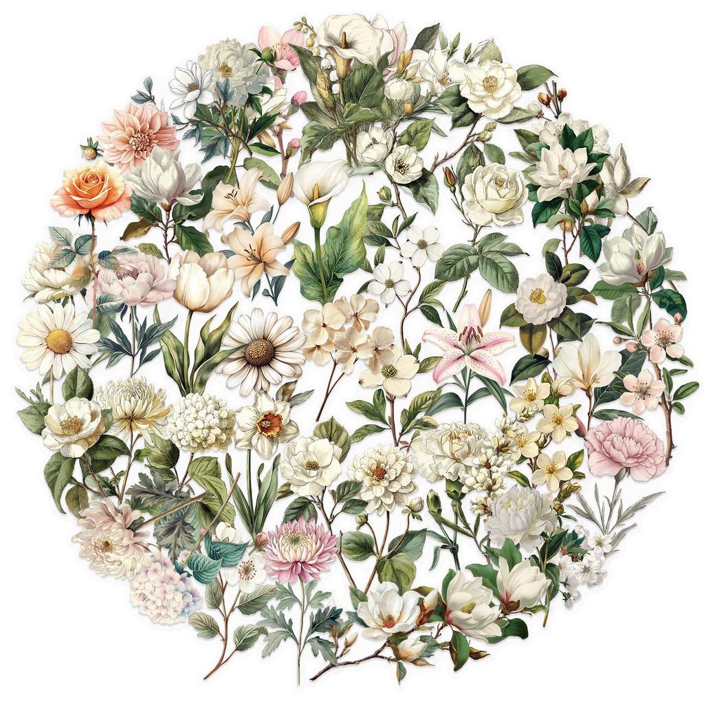 50 Retro Long Branch Flower Transparent PET Stickers - Double-Sided, Waterproof Decals for Journals, Phone Cases, and Computers. 50 Sheets.