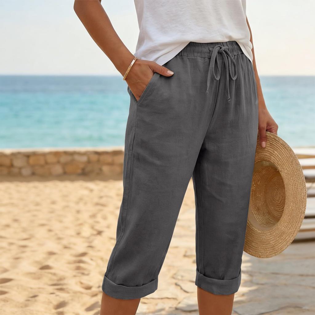 Women Drawstring Waist Linen Capri Pants with Pockets Loose Fit Lightweight Cropped Trousers for Casual Daily Wear