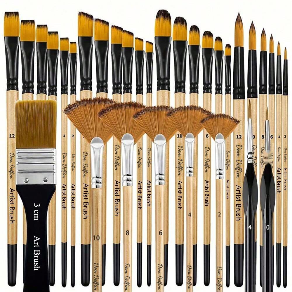 

32-Piece Art Brush Set: Wooden-Nylon Brushes & Fan-Shaped for Oil Painting 32-Piece Set