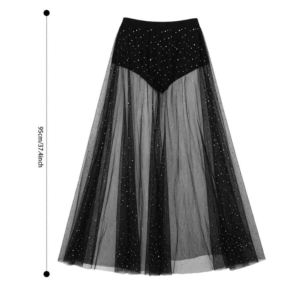 Sheer Tulle Sheer High Elastic [IPENNYE] Women's Skirt, Sparkling, Overskirt, Thin, Waist,