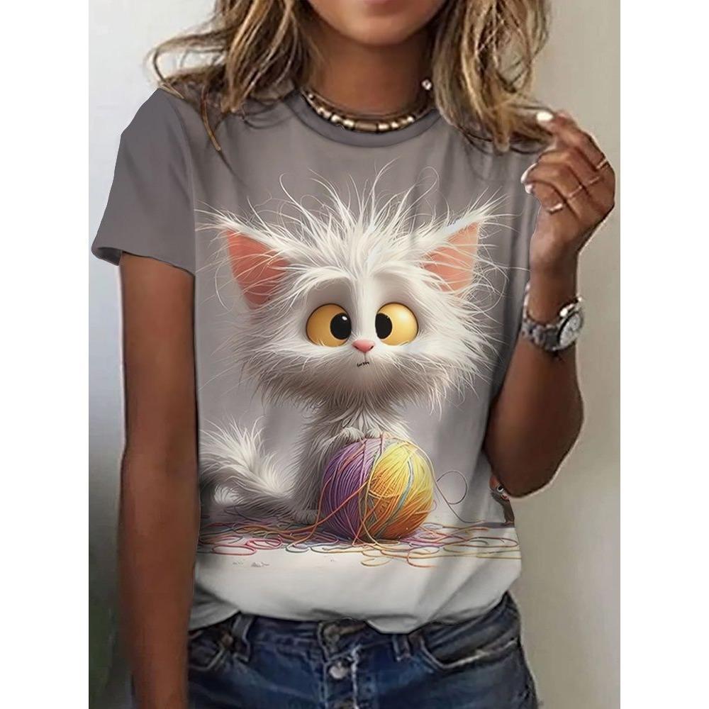 Women's T-shirt, Summer Cat Printed Top