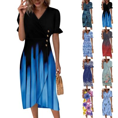 Beach Dresses For Women Spring Summer Elegant Wrap V Neck Boho Dress Flowy Ruched Hawaiian Maxi Dress