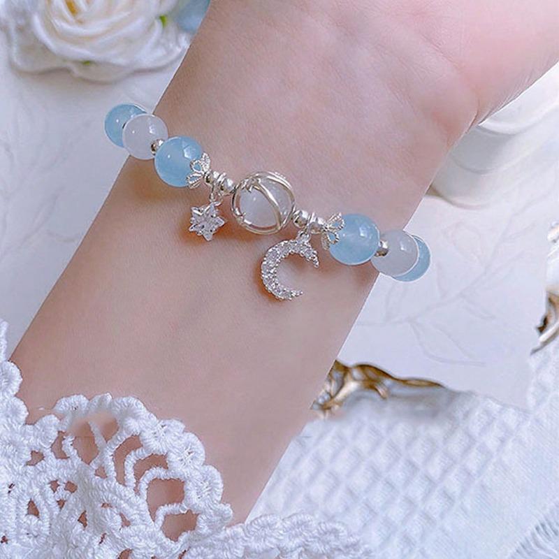 1pc Simple and Fashionable Sweet Girl Star & Moon Crystal Beaded Bracelet