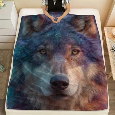 Colorful Wolf Head Print Flannel Blanket, High Quality Comfortable for All Seasons, Home Decor, Warmth and Comfort