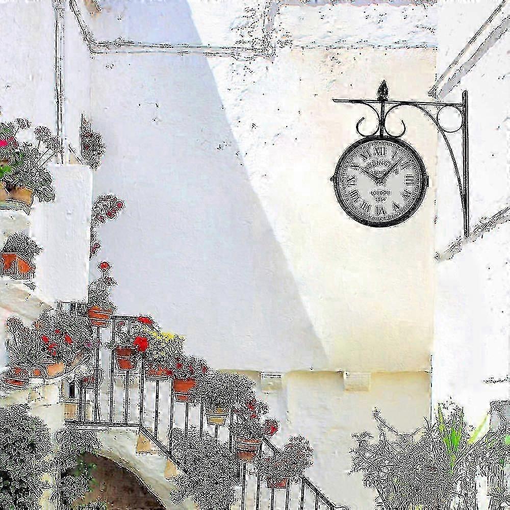 Vintage Wrought Iron Double Sided Outdoor Wall Clock Silent Quartz Movement