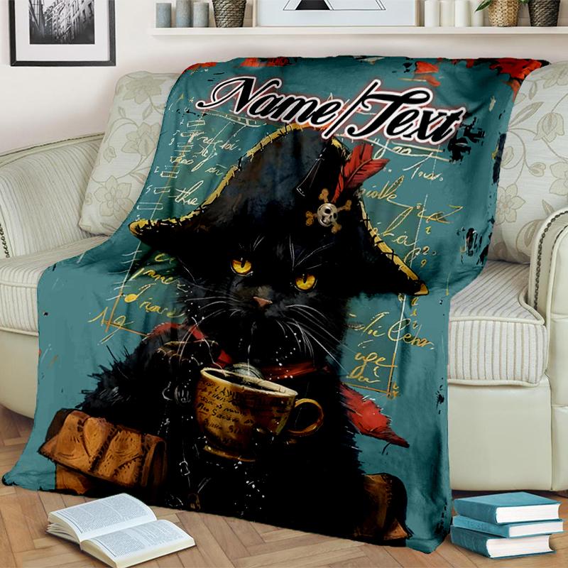 1PC Custom Name Pirate Cat Coffee outdooor Flannel blankets Throw Blanket All-Season Throw Gift Bedspread for Couch, Bed, Camping Holiday Birthday gif