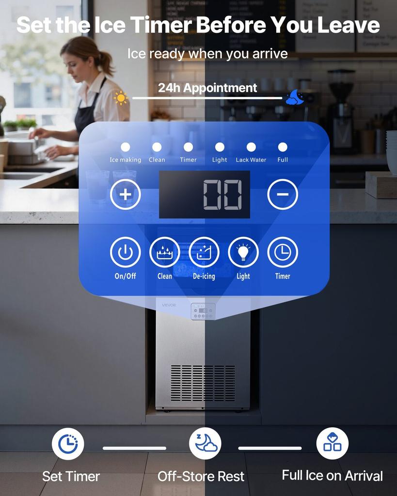 Commercial Ice Maker Machine, 45 Kg/24h with 14 Kg Storage Capacity, Built-in/Freestanding/Under Counter, Stainless Steel Ice Maker with LED Display &