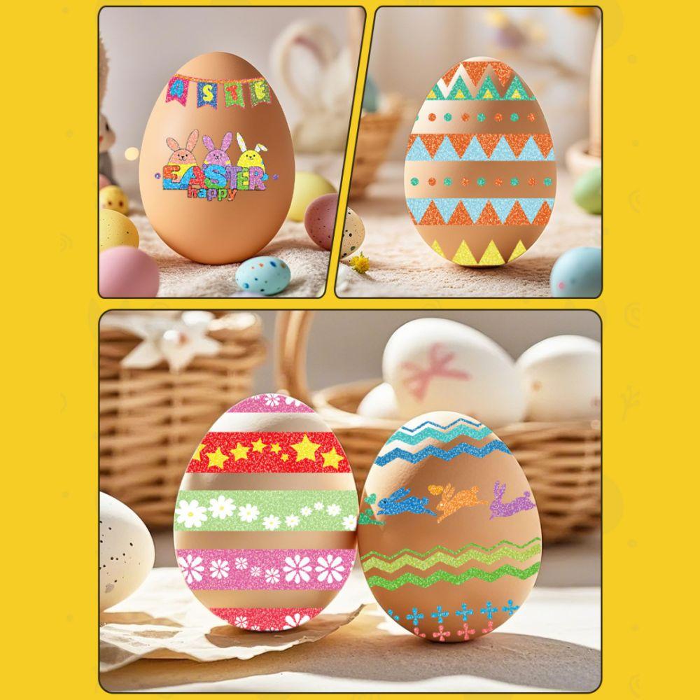 16 Sheets Disposable Easter Egg Stickers Cartoon Bunny Flower Colorful Stripes Tattoo Stickers Glitter Stationery Stickers