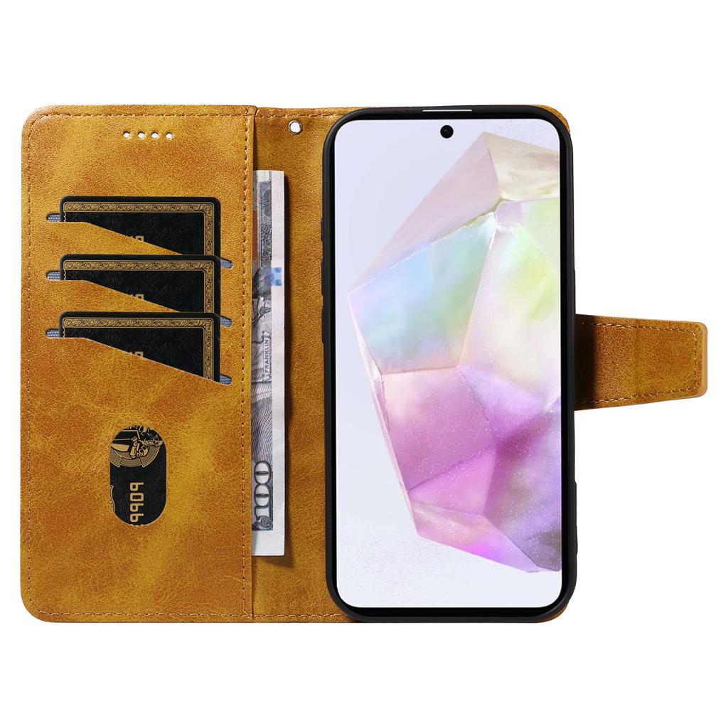 For Samsung Galaxy A35 5G Leather Case Wallet Stand Grids Imprinted Phone Cover with Strap