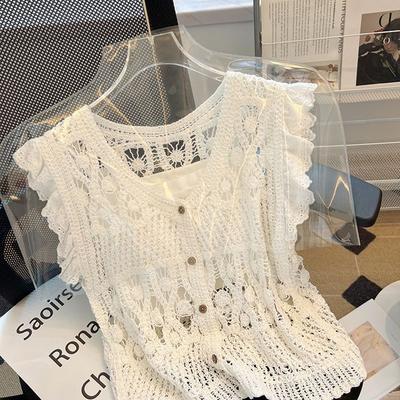 Ausgehöhlte, gehäkelte, ärmellose Strickjacke mit Außenweste, kurzes Oberteil für Damen im Sommer im französischen Stil mit fliegenden Ärmeln