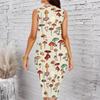 Women Plus Size Sleeveless Round Neck Midi Bodycon Dress Black Base Autumn Leaf Print Slim Fitted Dress